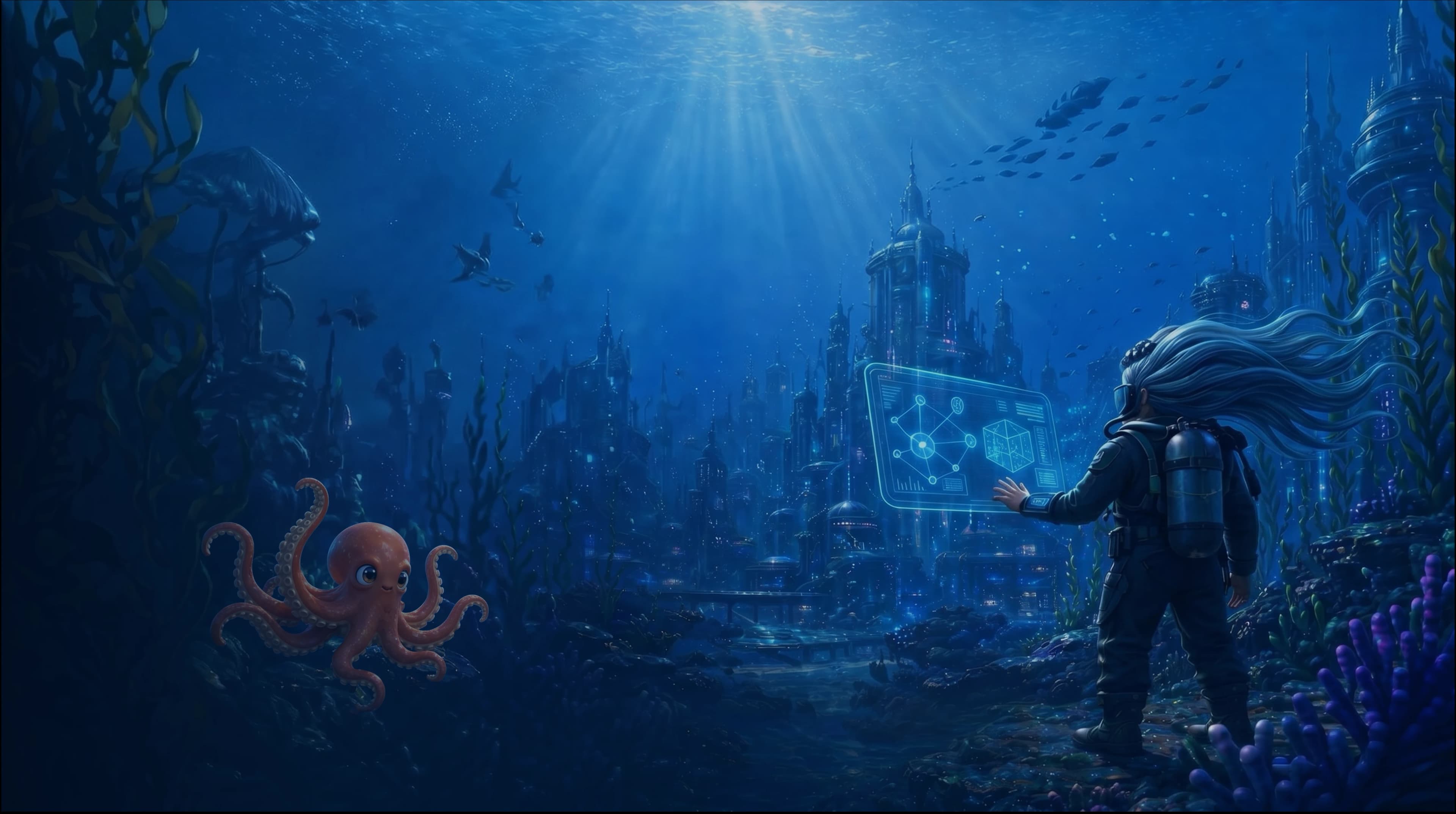 Nilo careers hero — a diver explores an underwater city while interacting with a glowing schematic