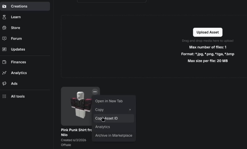 Copying a clothing Asset ID from Roblox Creator Hub