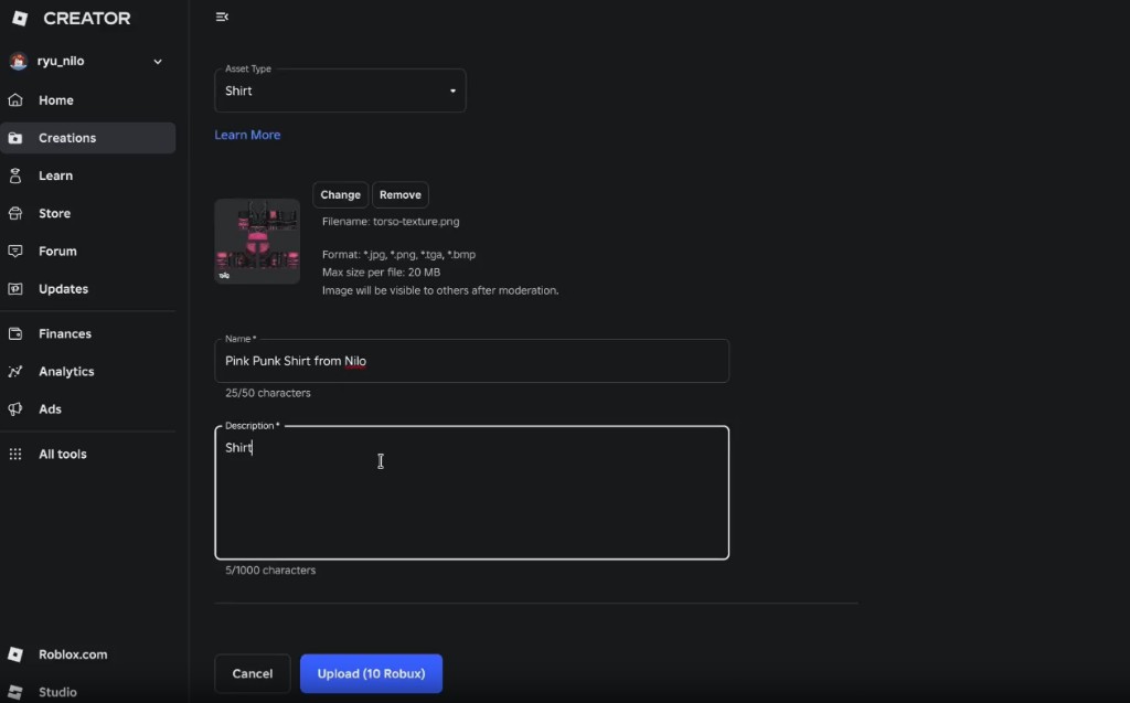 Roblox Creator Hub upload form for a shirt or pants asset