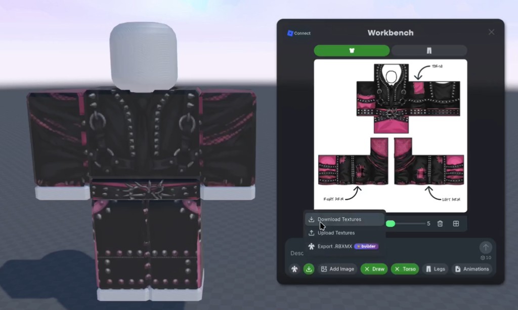 Nilo Workbench export menu with Download Textures selected